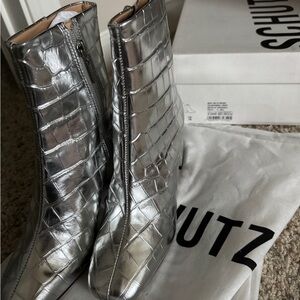 Schutz Silver Croc-Embossed Women's Boots